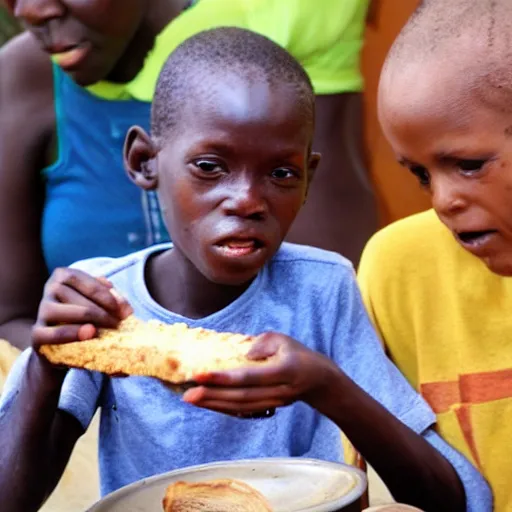 Image similar to photo of a malnourished ugandan boy sharing bread with a blond american