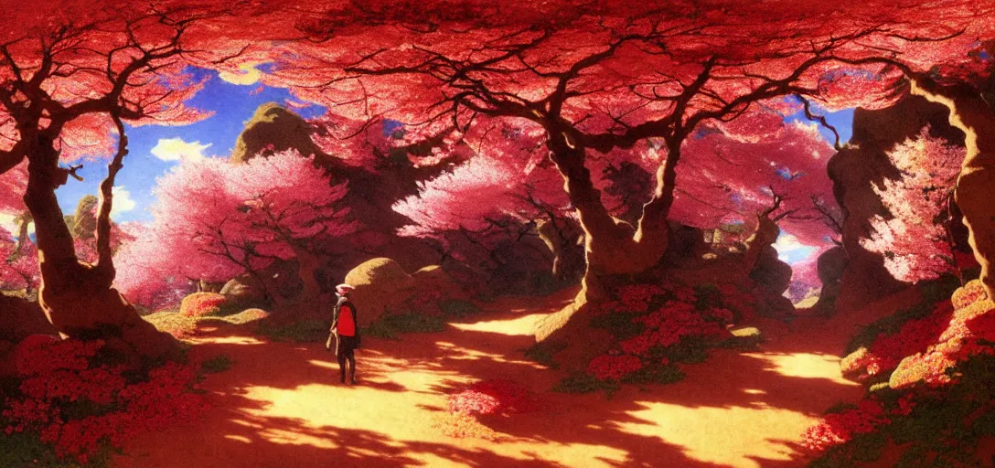 Image similar to ghibli illustrated luminism background of a trail leading through a strikingly beautiful landform with strange rock formations and blood red waterfall, fallen leaves blow in the wind and cherry blossoms by vasily polenov, eugene von guerard, ivan shishkin, albert edelfelt, john singer sargent, albert bierstadt 4 k