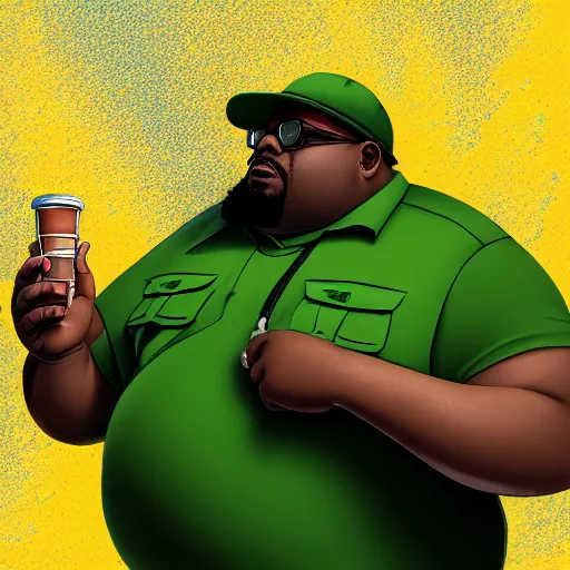 Image similar to hyper detailed digital painting of fat big smoke from gta : san andreas wearing a green fedora and green shirt in a car ordering food at a drive - thru, exaggerated expression, sunlight rays peering through, trending on artstation, intricate, smooth, sharp focus, beautiful shadows and lighting, studio quality, octane render, 8 k