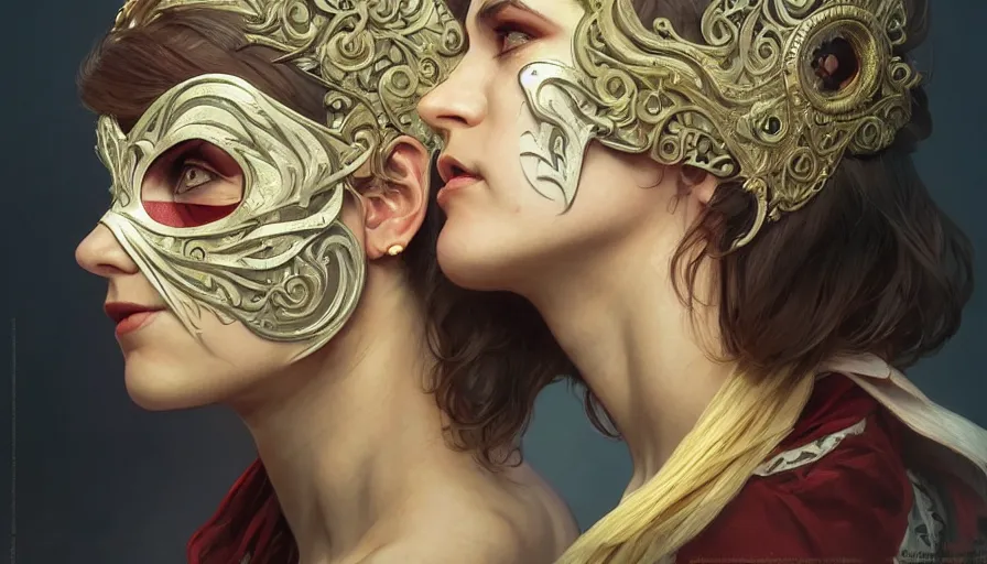 Image similar to masked, perfectly-centered-Portrait, evil, circus artist, intricate, highly detailed, digital painting, artstation, concept art, smooth, sharp focus, illustration, Unreal Engine 5, 8K, art by artgerm and greg rutkowski and alphonse mucha