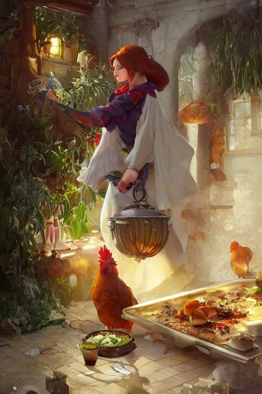 Prompt: beautiful, highly detailed, digoman cooking dinner with her pet chickens digital painting, artstation, concept art, smooth, sharp focus, illustration, art by artgerm and greg rutkowski and alphonse mucha