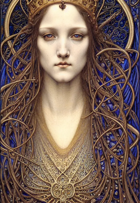 Image similar to detailed realistic beautiful young medieval queen face portrait by jean delville, gustave dore and marco mazzoni, art nouveau, symbolist, visionary, gothic, pre - raphaelite. horizontal symmetry