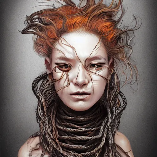 Prompt: portrait of a Shibari rope wrapped face and neck, headshot, insanely nice professional hair style, dramatic hair color, digital painting, of a old 17th century, old cyborg merchant, amber jewelry, baroque, ornate clothing, scifi, realistic, hyperdetailed, chiaroscuro, concept art, art by Franz Hals and Jon Foster and Ayami Kojima and Amano and Karol Bak,
