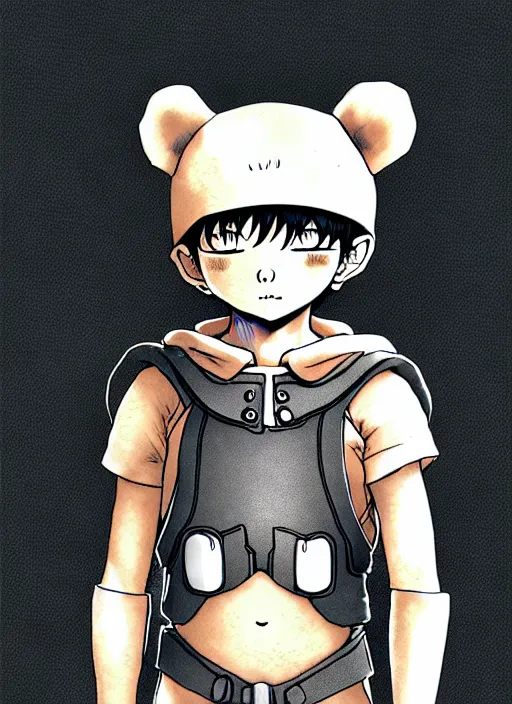 Image similar to beautiful little boy wearing an cyborg bear suit, artwork in kentaro miura and made in abyss and rosdraws, smooth, beautiful lightness, anatomically correct, trending on pixiv, forest