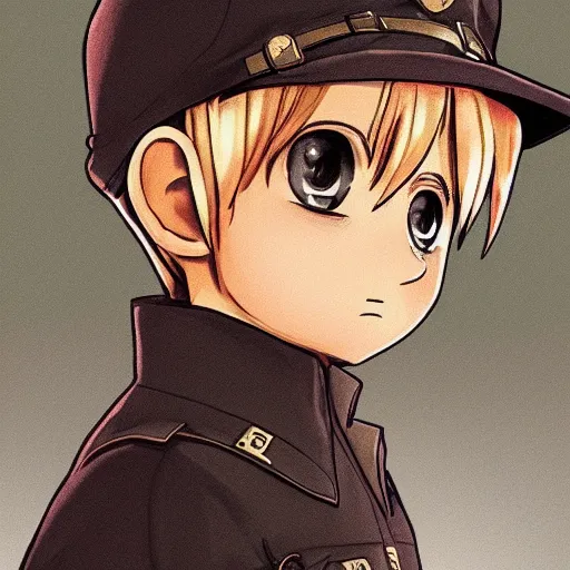 Image similar to beautiful little blonde boy in nazi uniform. made in abyss art style, inspired by kris from deltarrune, cute detailed artwork, anatomically correct, soft details, ilya kuvshinov, reflection, perfect composition, portrait, illumination, digital art, detailed anime soft face, symmetrical face, western comic, illustration, realistic, sadistic face