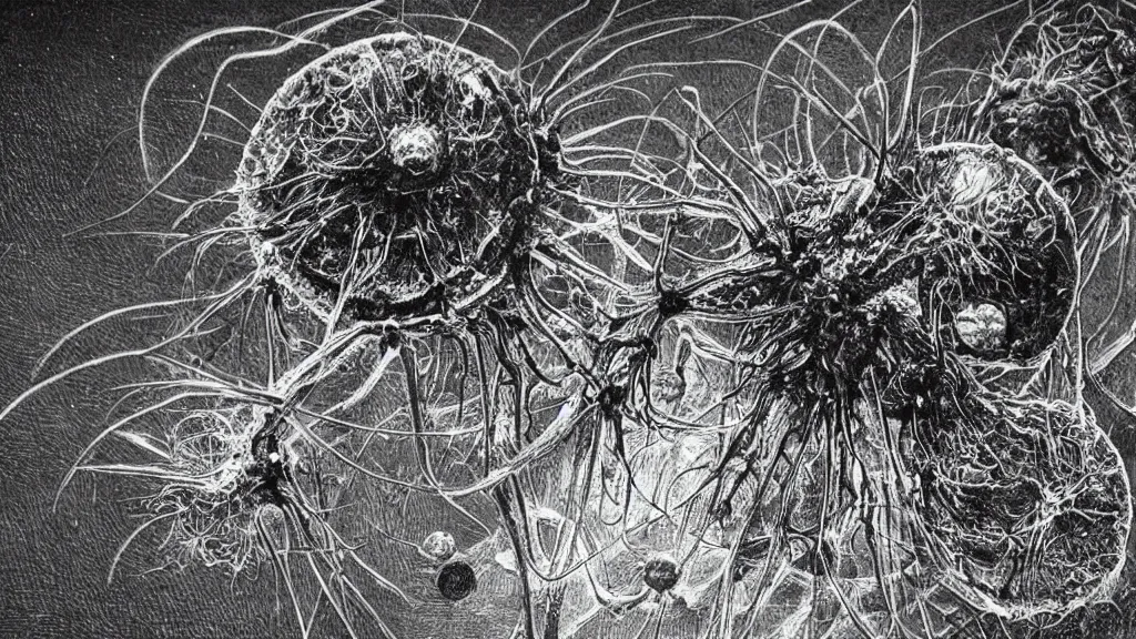 Image similar to a beautiful microscopic scientific photo of a virus and a strange life form seen through an electron microscope, dark, sinister, detailed, art by alan maley