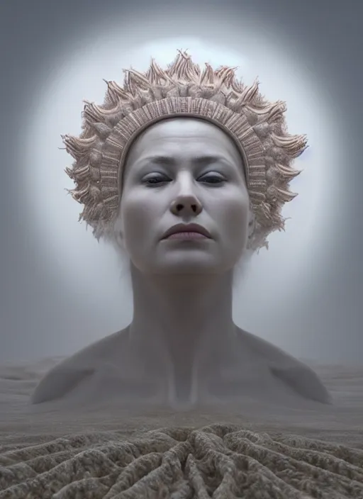 Image similar to CGI, HYPER REALISTIC VFX SIMULATION of THE QUEEN OF THE SUN BY ZDZISŁAW BEKSIŃSKI, HIGHLY INTRICATELY DETAILED 3D OCTANE RENDER