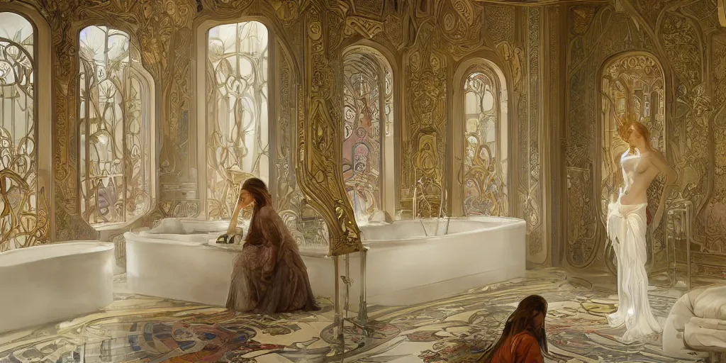 Image similar to in the bathroom of an incredible palace with the beautiful Natalia Vodianova, greg rutkowski and alphonse mucha, matte painting, artstation, illustration