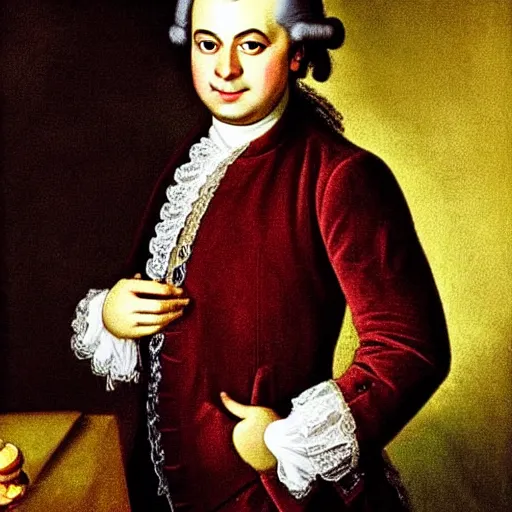 Image similar to “ wolfgang amadeus mozart eating a chocolate ball. he's wearing a powder wig and an expensive looking coat. he looks like he's savouring the taste of the chocolate. the background is out of focus, coloured deep velvet, photorealistic oil painting ”