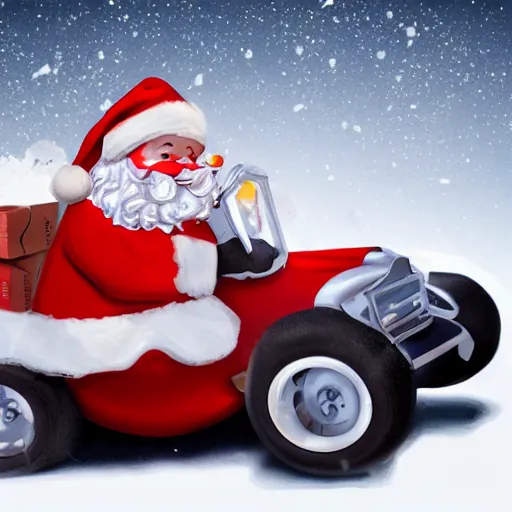 Prompt: Santa Clause driving a rally car he is going fast there is smoke coming from the tires there is snow on the track you can clearly see Santa Clause driving he is fat and jolly, realistic lighting, realistic shadows, highly reflective, photo realistic, hyper realistic