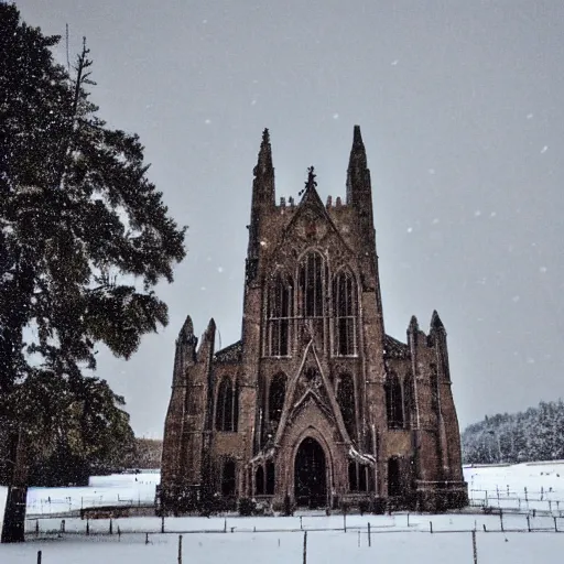 Image similar to a cathedral on a snowy plain with icicles forming on the roof. there is snow falling down from the sky which is overcast.