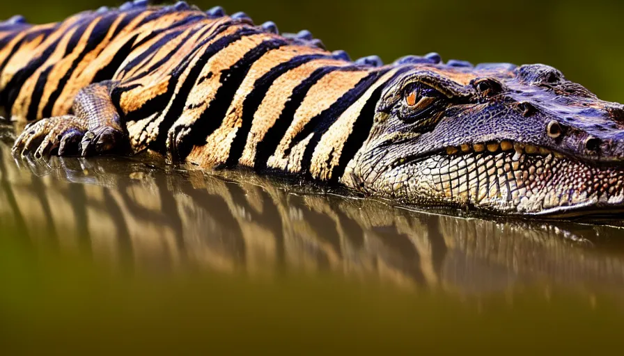 Image similar to an alligator tiger!!! hybrid! hyper realistic!! realistic lighting!! wildlife photographer of the year!!! bold natural colors, national geographic, hd, wide angle, 8 k