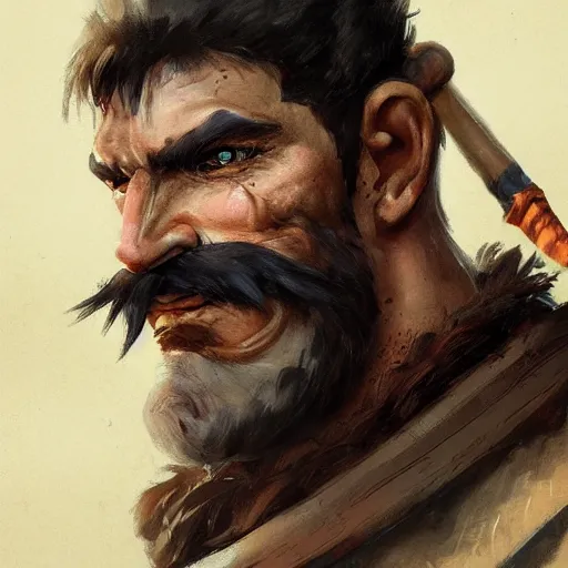 Image similar to portrait old barbarian warrior with trucker mustache and short hair, 8 k, trending on art station, by tooth wu and greg rutkowski