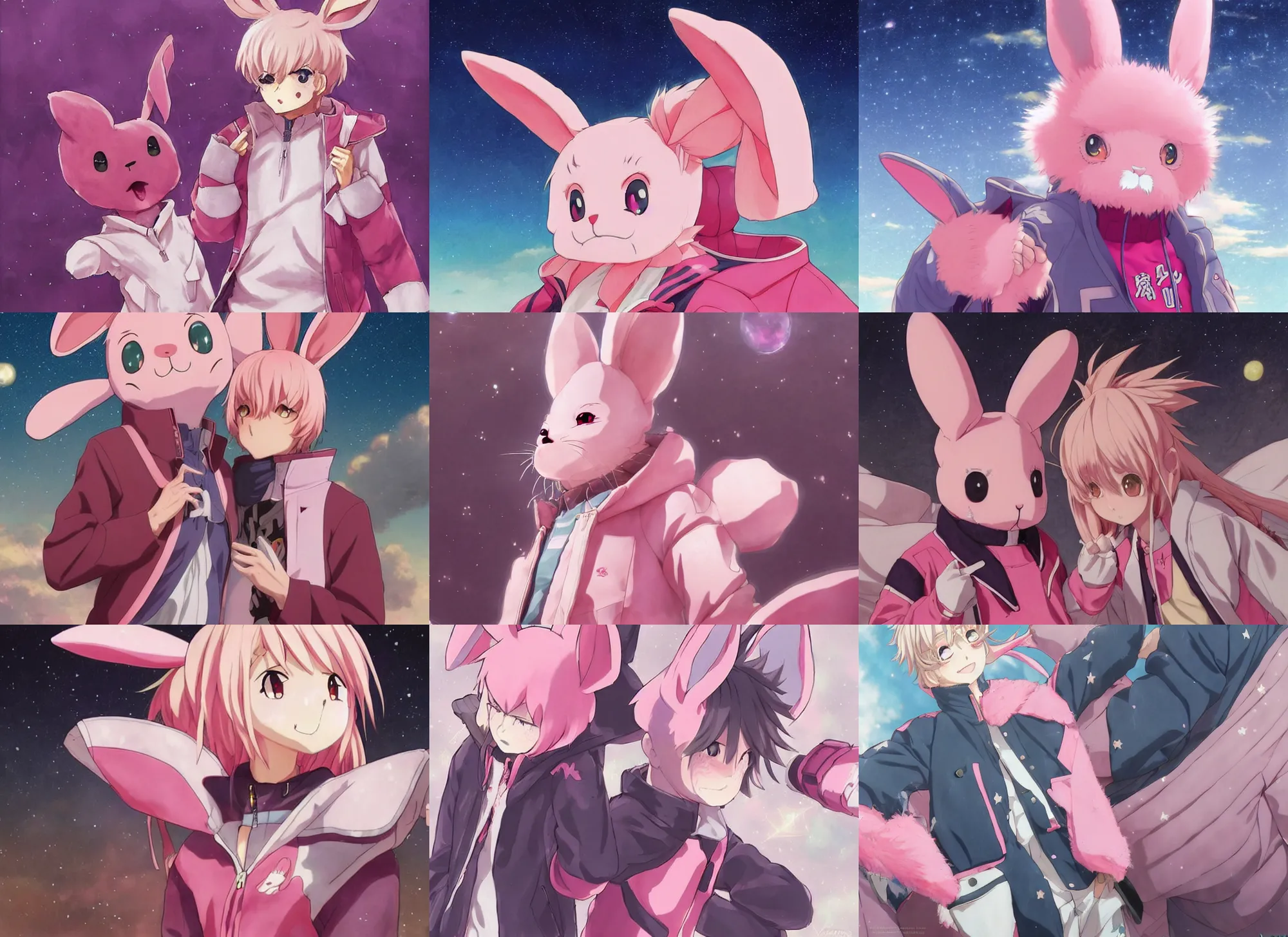 Prompt: official artwork of an anime pink rabbit wearing a letterman jacket, by Krenz Cushart, detailed art, many stars in the night sky, pink iconic character, 獣, yokai, wallpaper, bunny, large ears, male character
