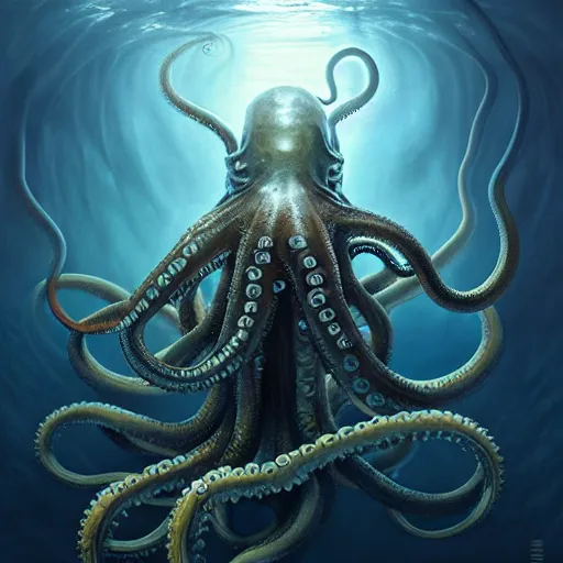 Image similar to a dream fantasy painting of a man trapped by a tentacles of a giant octopus in the deep of the ocean, by beksinki, giger, greg rutkowski, carne griffith trending on artstation, deviantart, photorealism