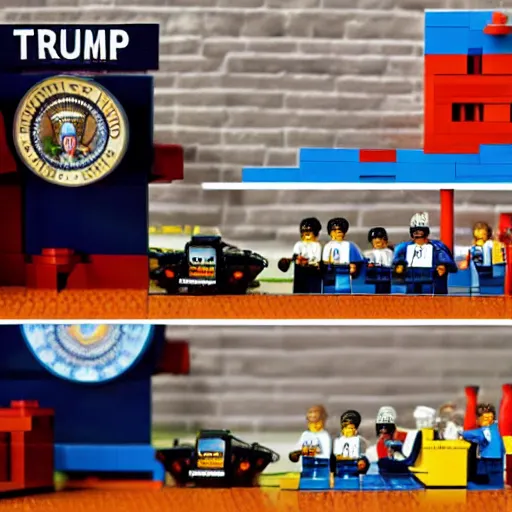 Prompt: trump running from police lego set