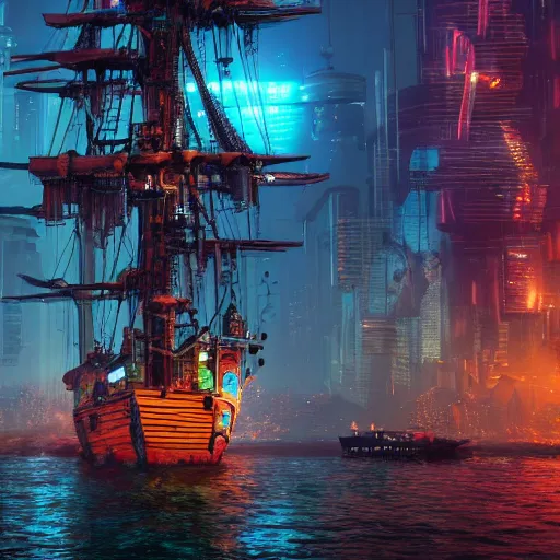 Image similar to high quality photo of a pirate ship in a cyberpunk cyberpunk cyberpunk city, realism, 8k, award winning photo