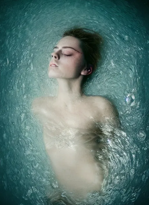 Prompt: Kodak Portra 400, 8K, soft light, volumetric lighting, highly detailed, britt marling style 3/4 by Martin Stranka , portrait photography of a beautiful woman with her eyes closed,inspired by Ophelia by Martin Stranka, the face emerges from water of Pamukkale, underwater face, anatomical real full body dressed ethereal lace dress floating in water surface , the hair are intricate with highly detailed realistic beautiful brunches and flowers like crown, Realistic, Refined, Highly Detailed, soft blur background, outdoor soft pastel lighting colors scheme, outdoor fine art photography, Hyper realistic, photo realistic