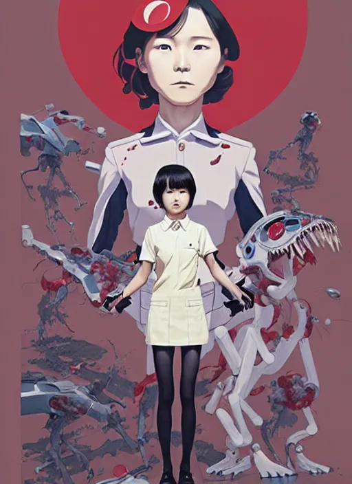 Prompt: Artwork by James Jean and Phil noto and hiyao Miyazaki ; a young Japanese future police lady named Yoshimi battles an evil natures carnivorous robot on the streets of Tokyo; Art work by hiyao Miyazaki, Phil noto and James Jean