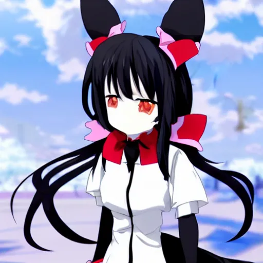 Image similar to Anime Screenshot of a “red-eyed black-haired anime fox girl” wearing black fingerless-gloves, high-waist-black-skirt, white-collared-shirt blue-open-jacket, black-necktie, unsheathing her katana, white background, visual-key, anime illustration, pixiv, anime-twitter