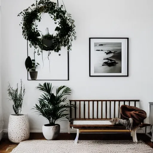 Prompt: a minimalist mockup photo with large blank frame, in a white boho style studio, i cozy coastal style home interior, trending on pinterest