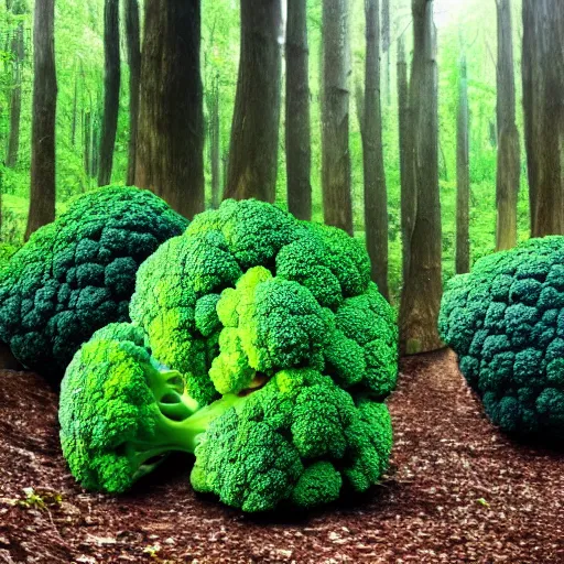 Prompt: a forest with giant broccoli