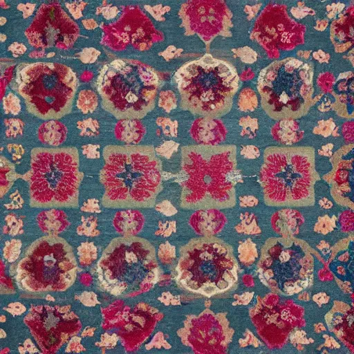 Image similar to topdown perspective of an old carpet with flower design