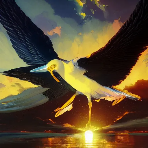 Prompt: melting waxen feathered wingspan outstretched wings of icarus the seagull under the boiling radiant solar orb that is the sun giotto valentin serov jim mahfood guillem h. pongiluppi 4k artstation