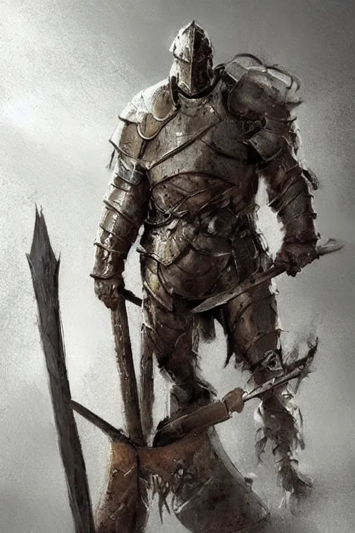 Prompt: a knight in hide armor holding an axe, leaning against an axe, axe!!! concept art in style of Greg Rutkowski, painted by Frank Frazetta, John Singer Sargant