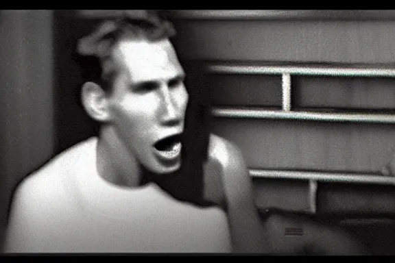 Image similar to a black and white screenshot from a vhs tape of jerma with his mouth unhinged and wide open in the dark