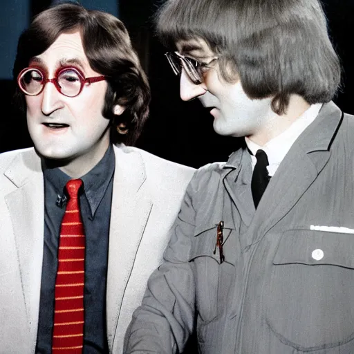 Image similar to on the full color tv set of captain kangaroo, john lennon is guest starring as the host, 7 0 s color grade