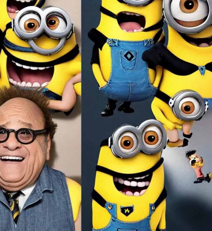 Prompt: photo of danny devito morphing into a minion in the style of an animorphs