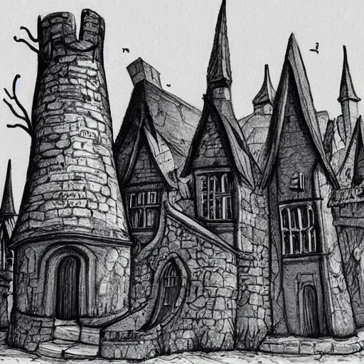 Prompt: ink drawing concept art houses, magic village, fairy houses, fantasy medieval architecture, - n 8