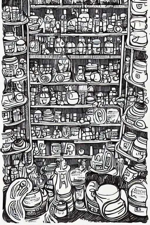 Image similar to mcbess illustration of a magical, mystical shop full of jars of sweets, rainbow gouache