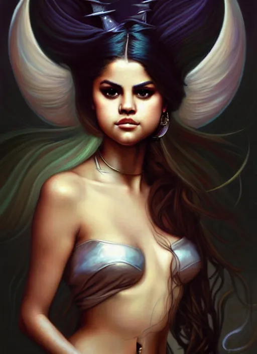 Image similar to fineart portrait illustration of selena gomez as a sorceress by peter mohrbacher, hyper detailed, crisp