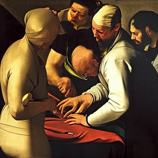 Prompt: doctors doing a operation on a cartoonish banana, caravaggio