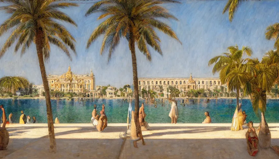 Image similar to a ultradetailed beautiful painting of the amazonas palace balustrade designed by jules bastien - lepage, tarsila do amaral, frank weston and gustave baumann, beach, trending on artstation, mediterranean, palm trees, sharp focus, colorful refracted sparkles and lines, soft light, 8 k 4 k