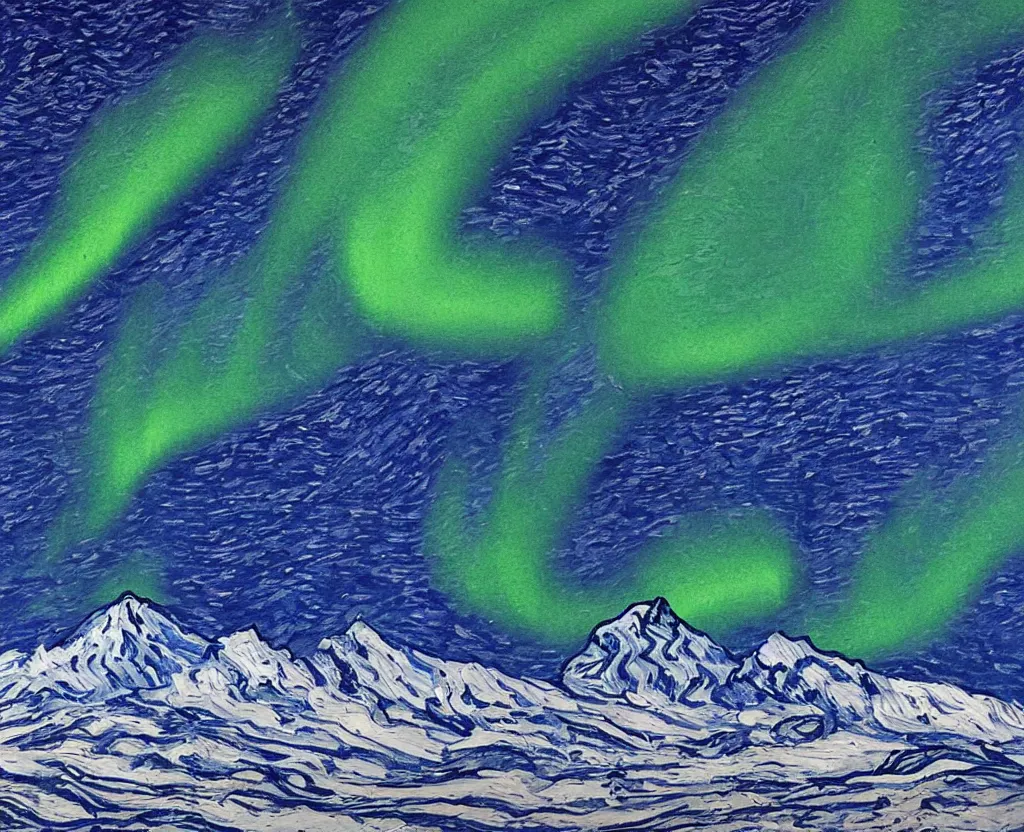 Prompt: Mount Everest with Northern Lights mixed with Van gogh sky