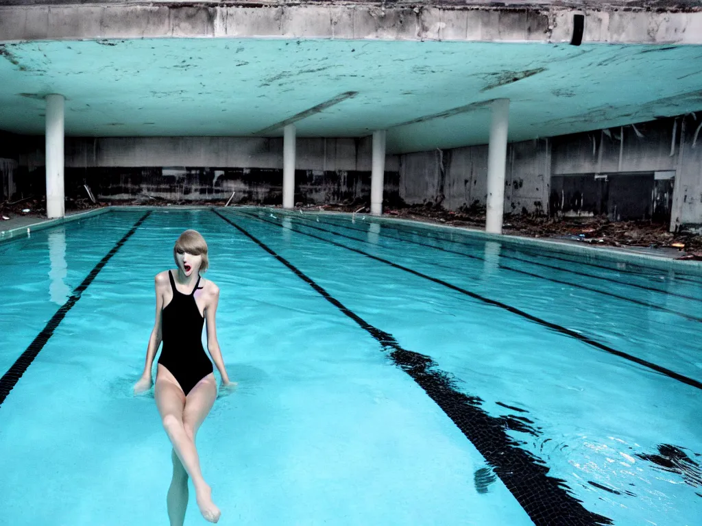 Image similar to taylor swift swimming inside a disgusting abandoned swimming pool liminal space nostalgia grey black mould