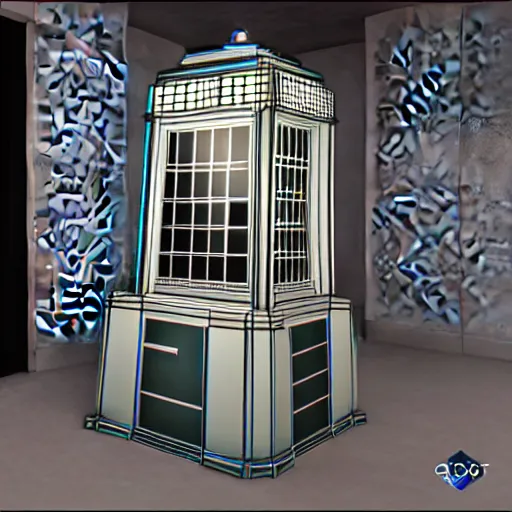 Image similar to Art Deco Tardis console and interior, 3d render, hyper realistic, unreal engine, detailed