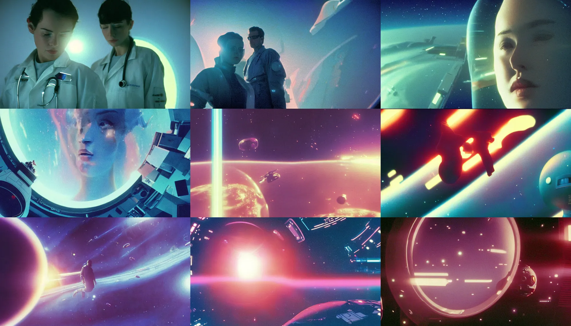 Prompt: Cinestill 50d, 8K, 35mm,J.J Abrams flare; beautiful ultra realistic vaporwave minimalistic moebius pilot in space(1950) film still medical bay scene in 2000s frontiers in blade runner retrofuturism fashion magazine September moebius seinen manga style hyperrealism holly herndon edition, highly detailed, extreme closeup three-quarter model portrait, tilt shift LaGrange point orbit background, three point perspective, focus on anti-g flight suit,<pointé pose>;open mouth,terrified, eye contact, soft lighting