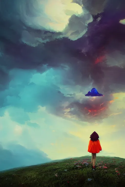 Image similar to closeup giant dahlia flower over the head, girl standing on mountain, surreal photography, blue storm clouds, dramatic light, impressionist painting, digital painting, artstation, simon stalenhag