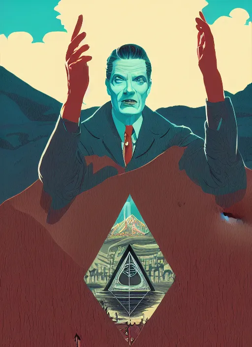 Image similar to Twin Peaks movie poster artwork by Michael Whelan and Tomer Hanuka, Rendering of the Illuminati, from a scene from Twin Peaks, clean, full of detail, Matte painting, trending on artstation and unreal engine