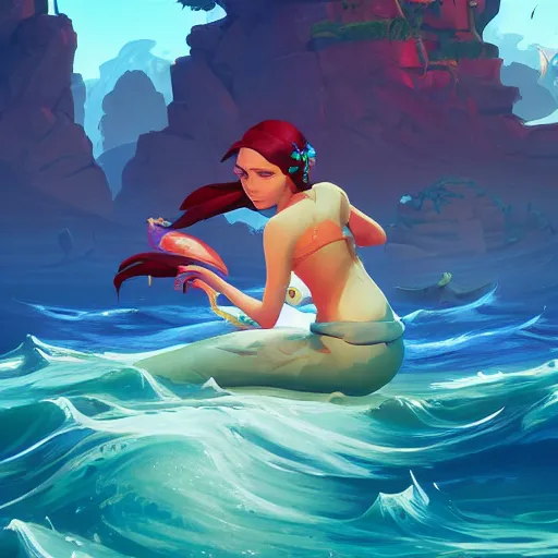 Image similar to painting mermaid treasure on sea of thieves game avatar hero smooth face median photoshop filter cutout vector, behance hd by jesper ejsing, by rhads, makoto shinkai and lois van baarle, ilya kuvshinov, rossdraws global illumination