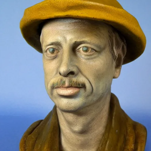 Image similar to hyper realistic closeup bust of a new england fisherman, wearing a yellow fisherman's hat, steve buscemi, painted, colorized, bossons vintage chalkware, by emile renouf