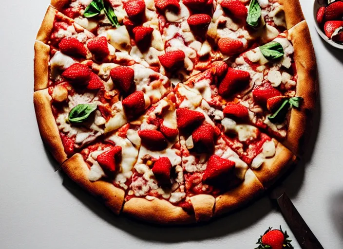 Image similar to A delicious plate of a big pizza with strawberries on, extra cheese, close up food photography, studio lighting, Sigma 35mm f/1.4