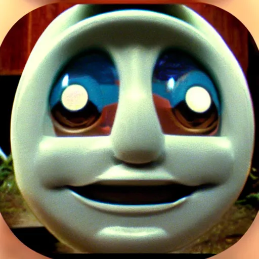 Image similar to creepy found footage of Thomas the tank engine super close up zoom fish eye staring at you terrifying backrooms horror