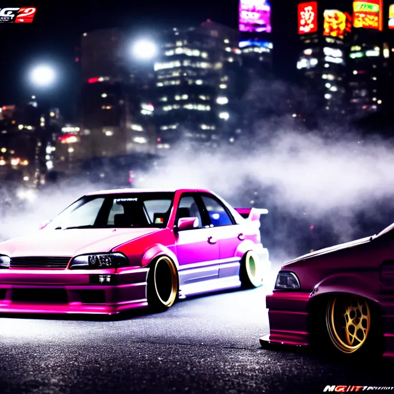 Image similar to a car JZX90 twin turbo drift at illegal car meet, Shibuya prefecture, city midnight mist lights, cinematic lighting, photorealistic, highly detailed wheels, high detail