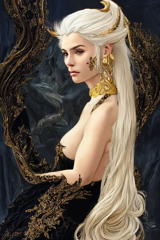 Image similar to fullbody!! of a beautiful woman with white hair, big natural horns on her head, long flowing intricate black lace dress, gold jewellery, dnd, face, fantasy, intricate, elegant, highly detailed, digital painting, artstation, concept art, smooth, sharp focus, illustration, art by artgerm and greg rutkowski and alphonse mucha