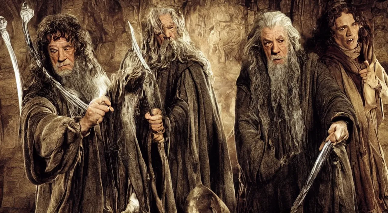 Image similar to gandalf and frodo in bag end, gandalf is holding an envelope, bag end in the style of h. r. giger, image from a movie